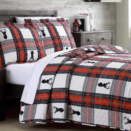 Country Plaid Deer 3 Piece Bedding Quilt Set