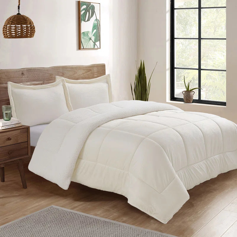 Ivory Reversible Sherpa 3 Piece Comforter Set