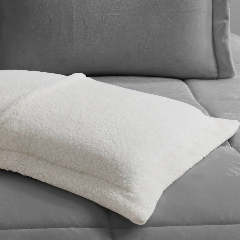 Ensemble d'édredon réversible gris 3 pièces en sherpa