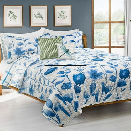 Lush Blue Floral 3 Piece Bedding Quilt Set