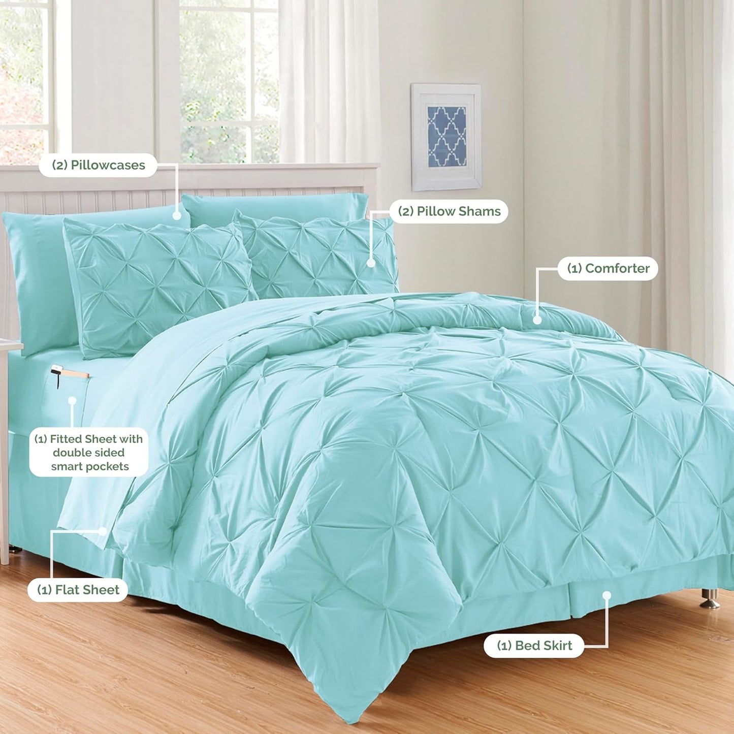 Aqua Blue Pinch Pleated 8 Piece Comforter Set
