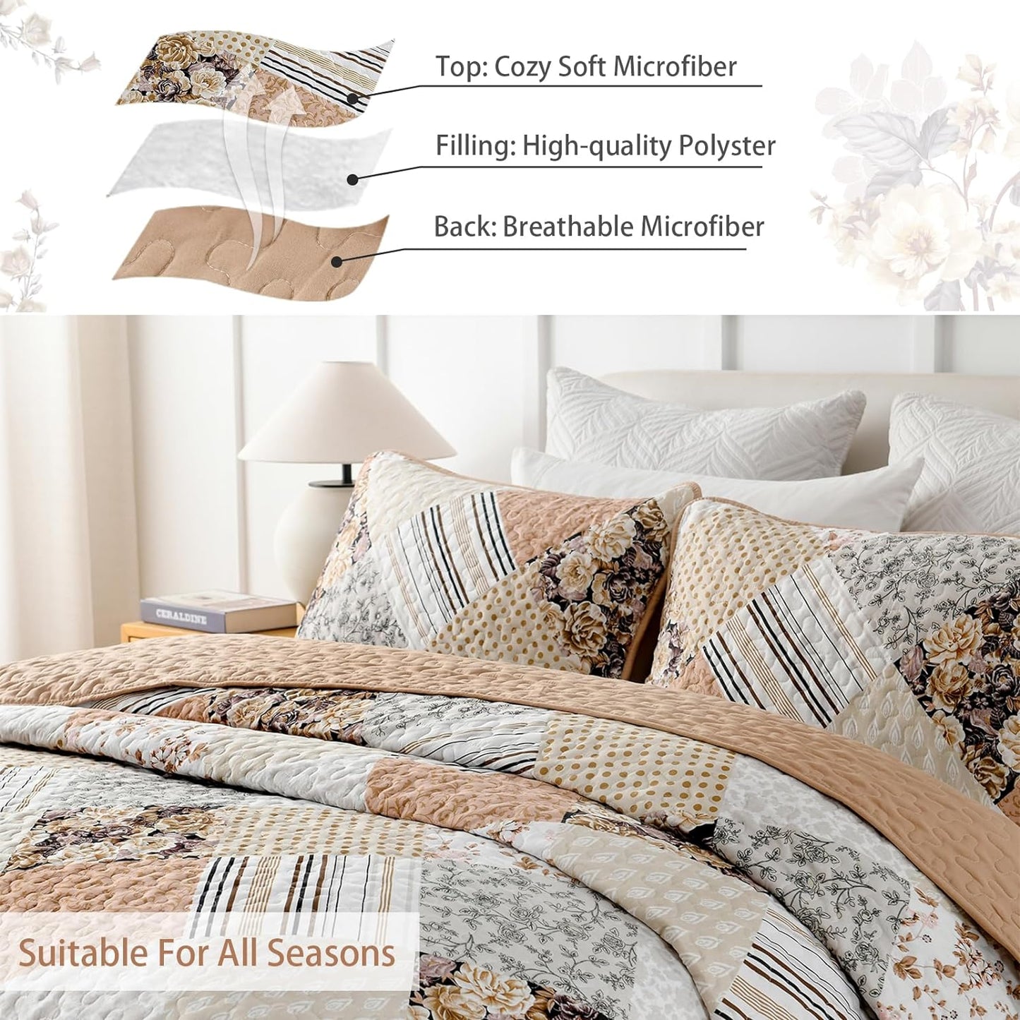 Ensemble de literie 3 pièces patchwork floral marron