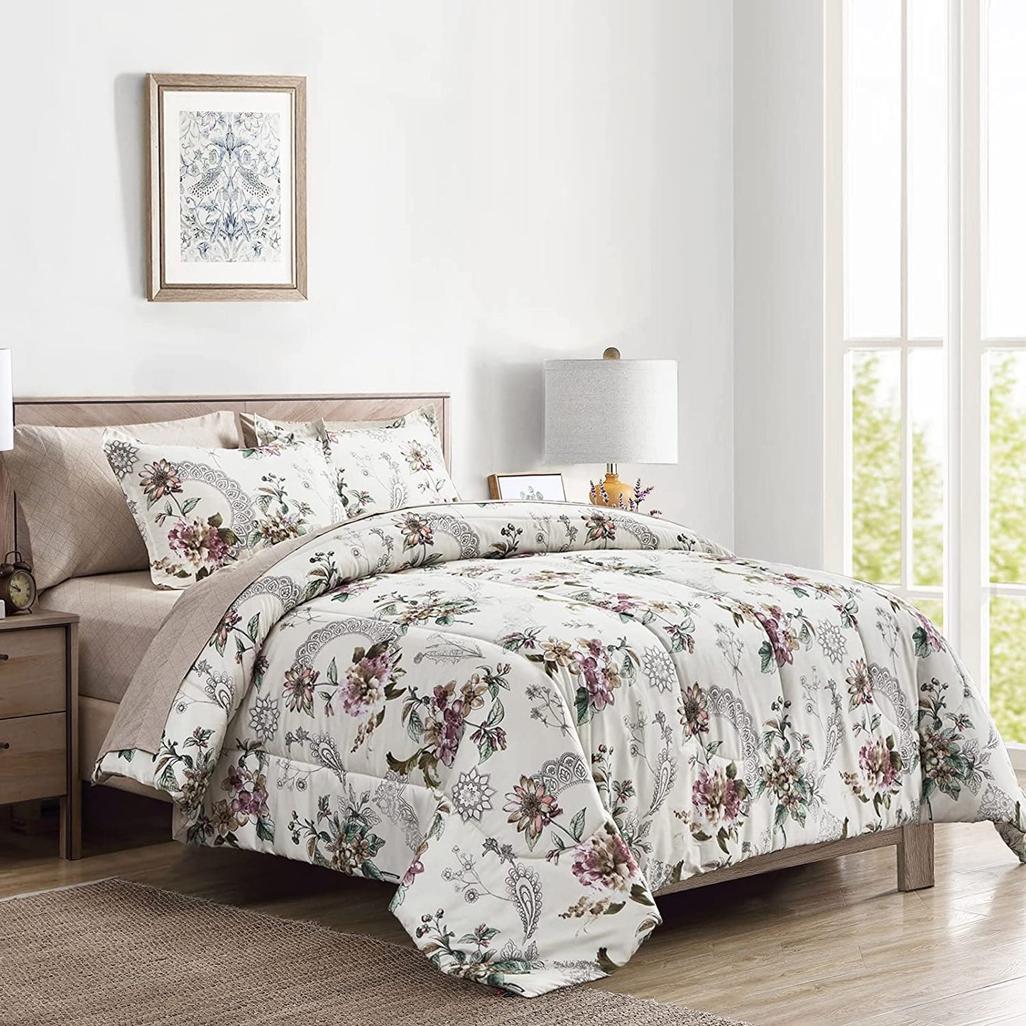 Botanical Pink & Beige Floral 7 Piece Comforter Set