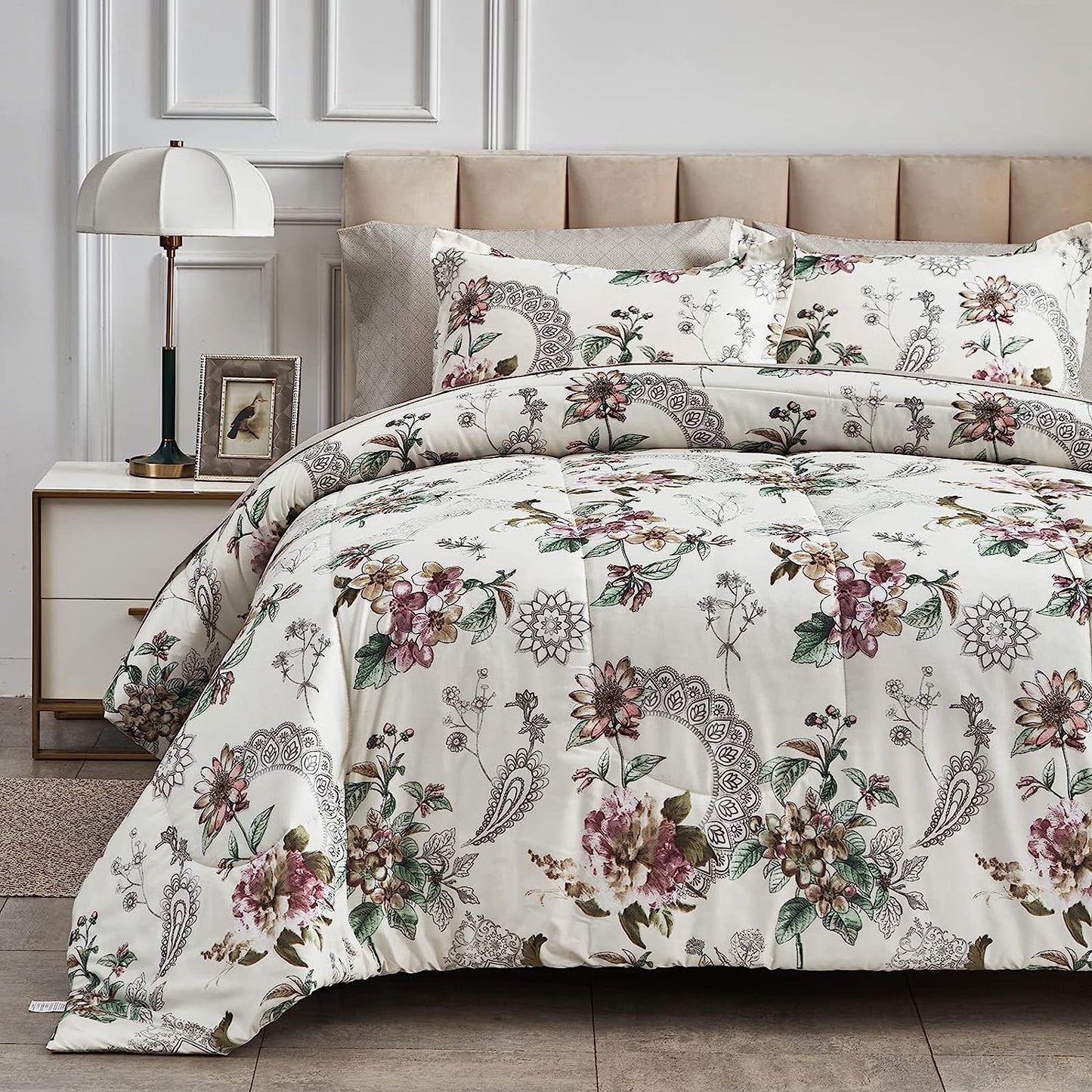 Botanical Pink & Beige Floral 7 Piece Comforter Set