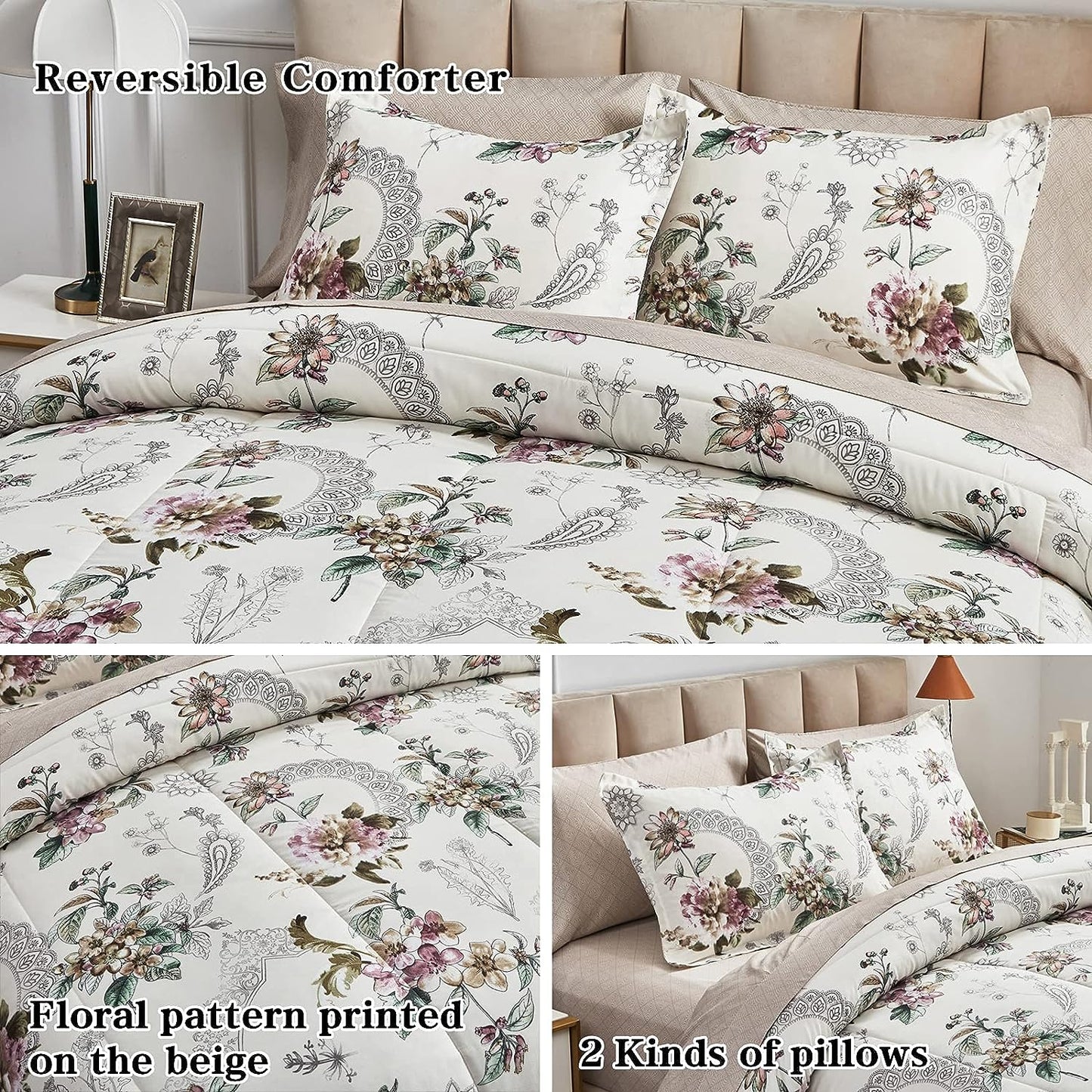 Botanical Pink & Beige Floral 7 Piece Comforter Set