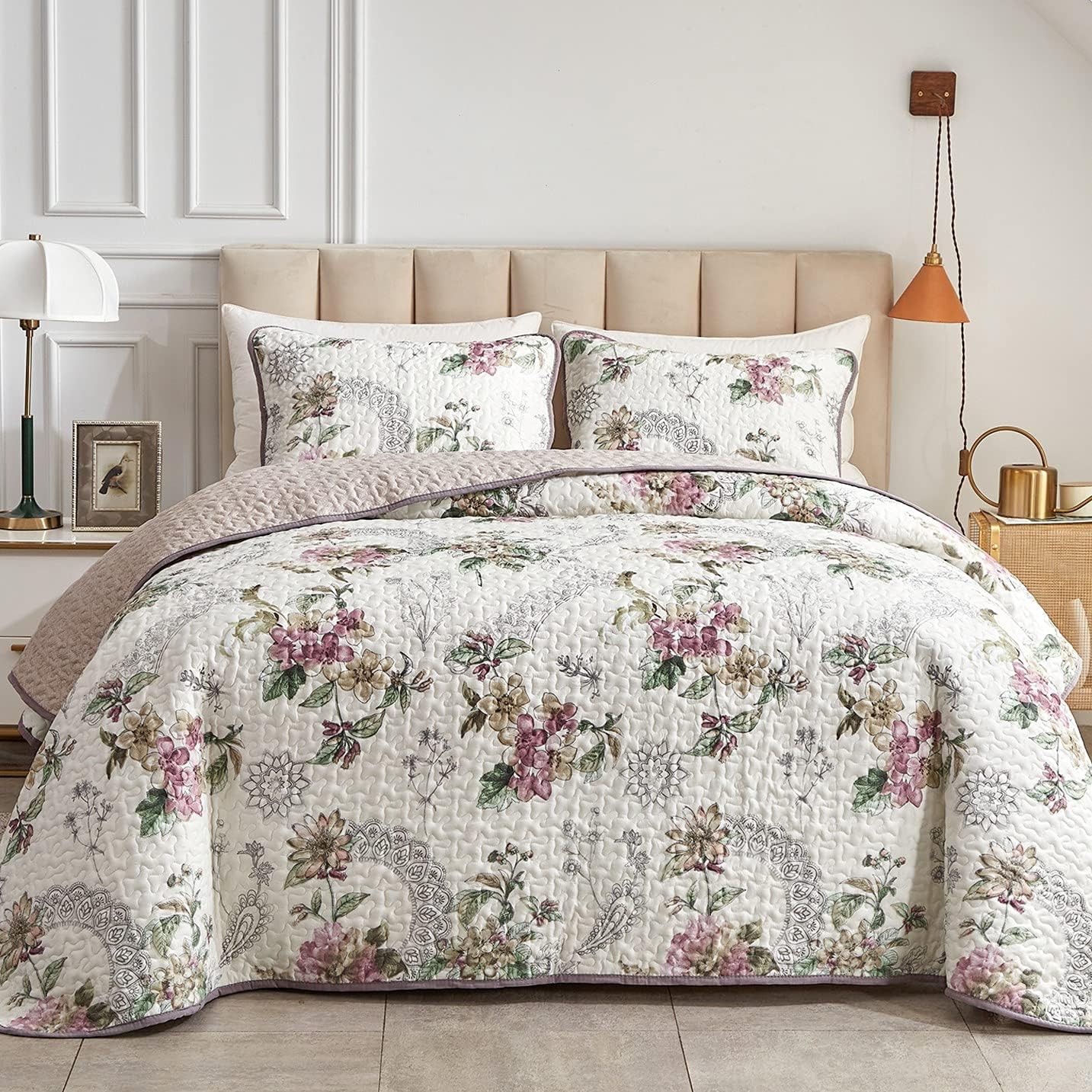 Pink & Beige Floral 3 Piece Bedding Quilt Set