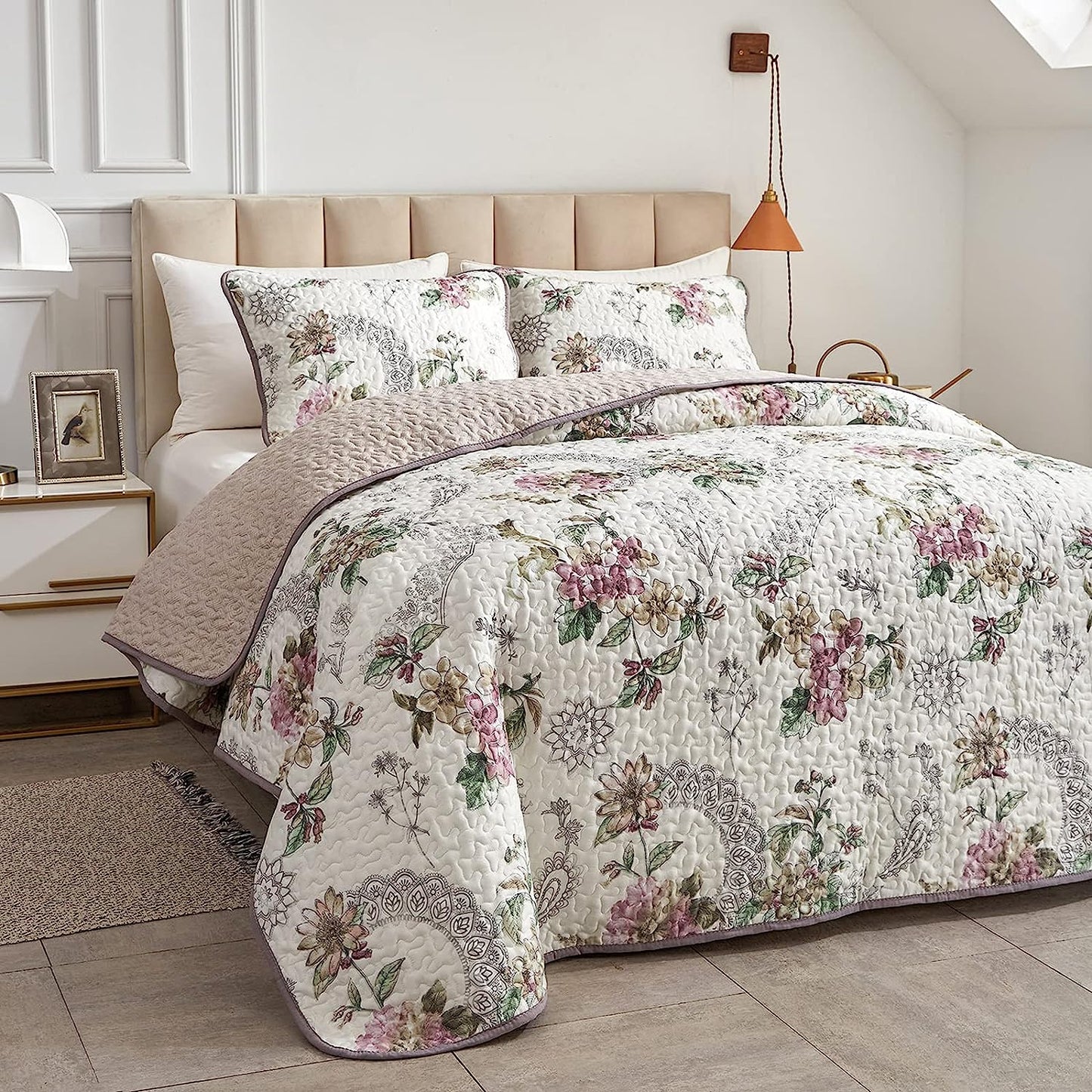 Pink & Beige Floral 3 Piece Bedding Quilt Set