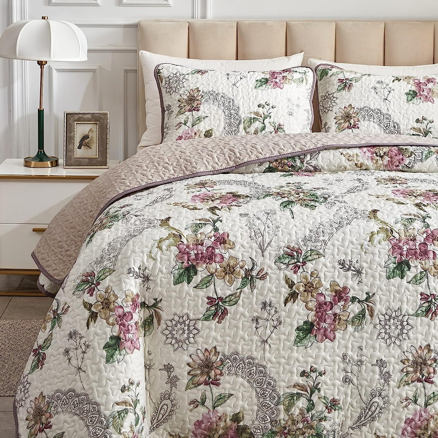 Pink & Beige Floral 3 Piece Bedding Quilt Set