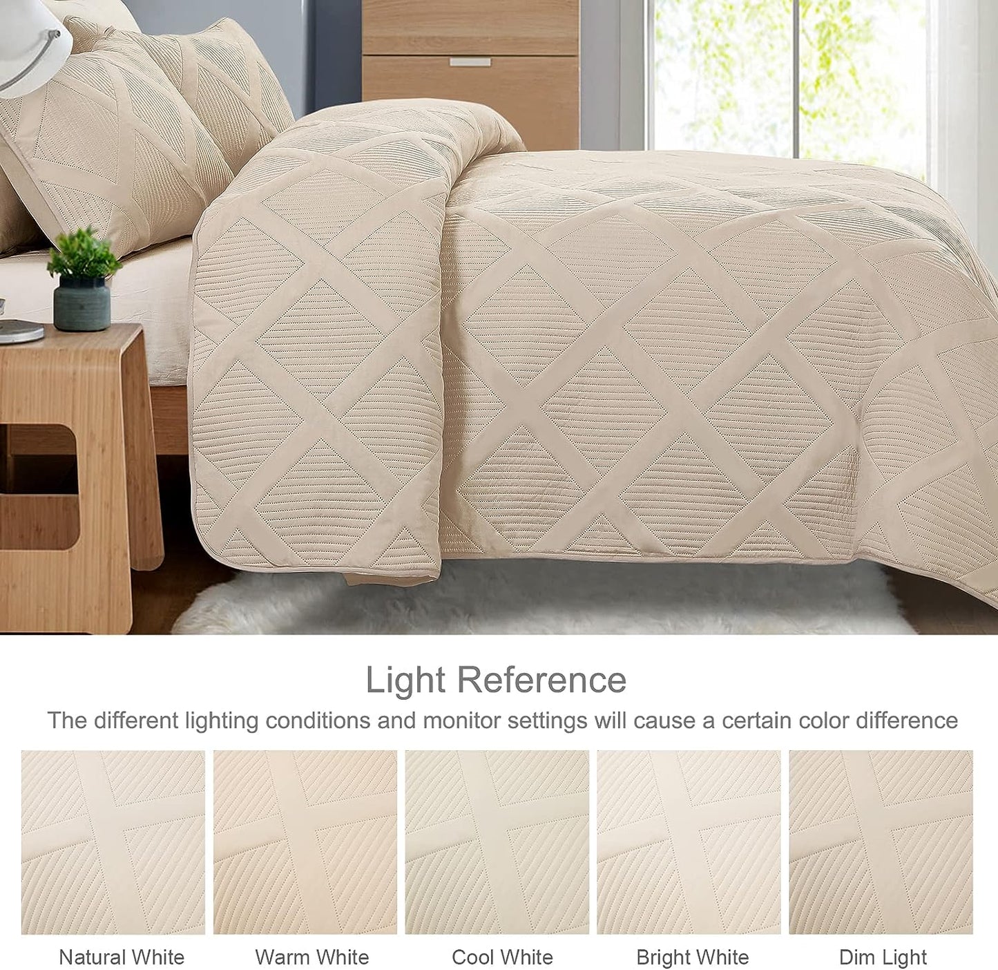 Solid Beige 3 Piece Lightweight Bedding Quilt Set