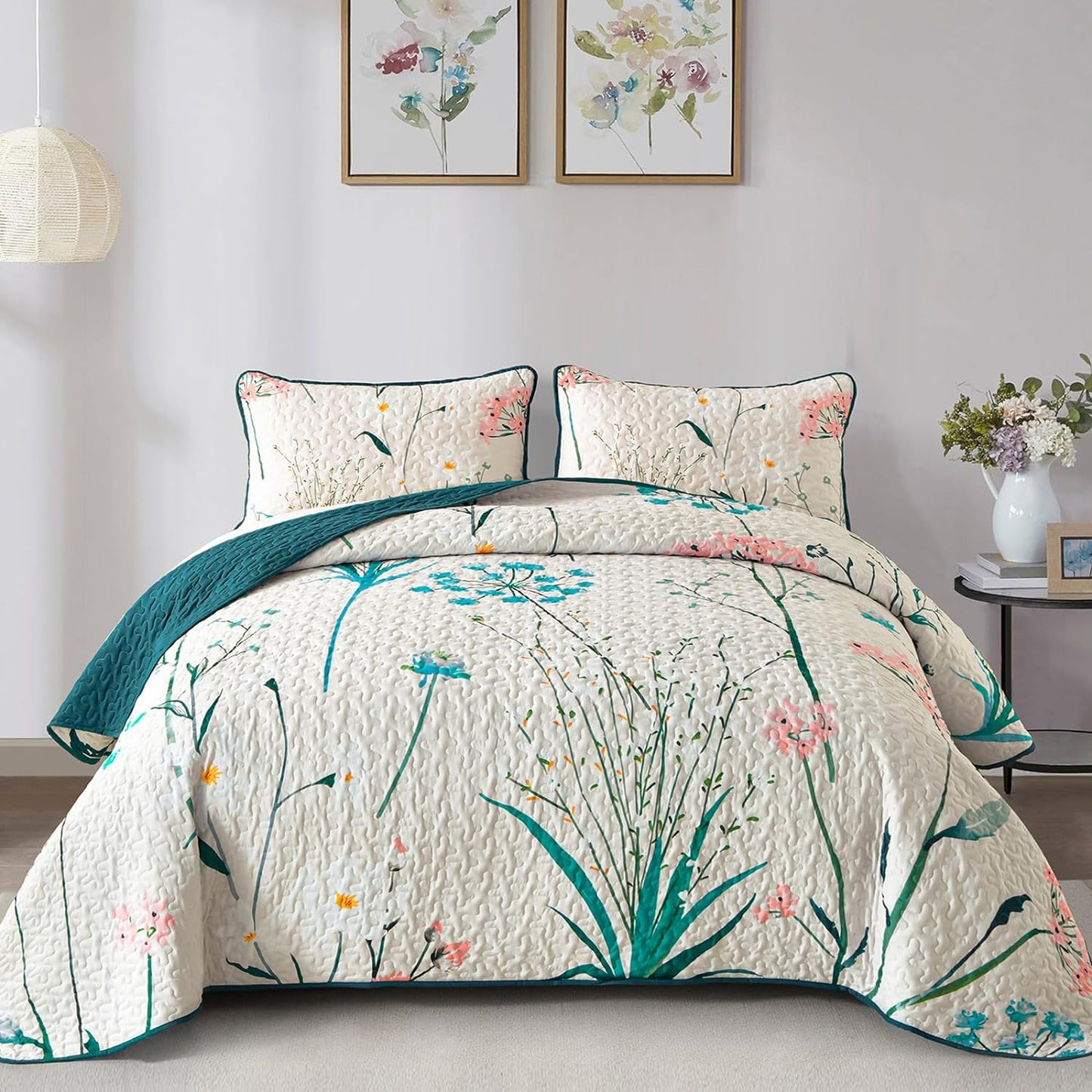 Ensemble de courtepointe réversible 3 pièces country rustique bleu et rose floral