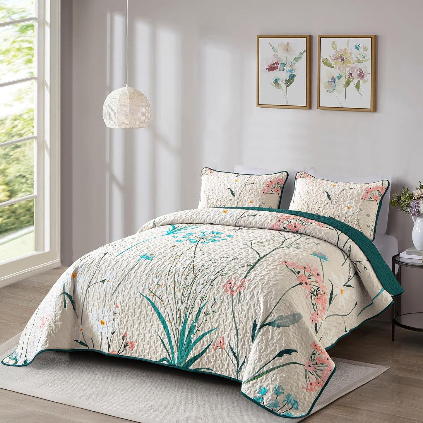 Ensemble de courtepointe réversible 3 pièces country rustique bleu et rose floral