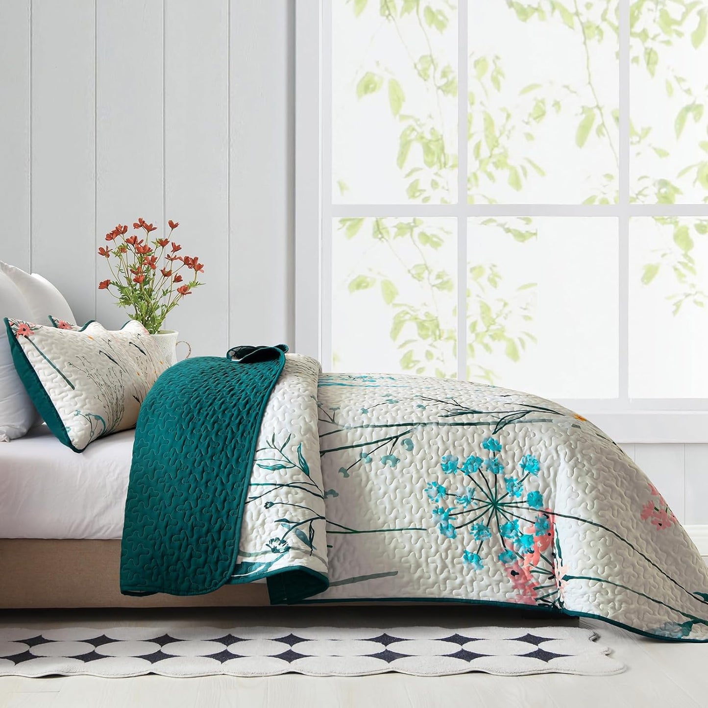 Ensemble de courtepointe réversible 3 pièces country rustique bleu et rose floral