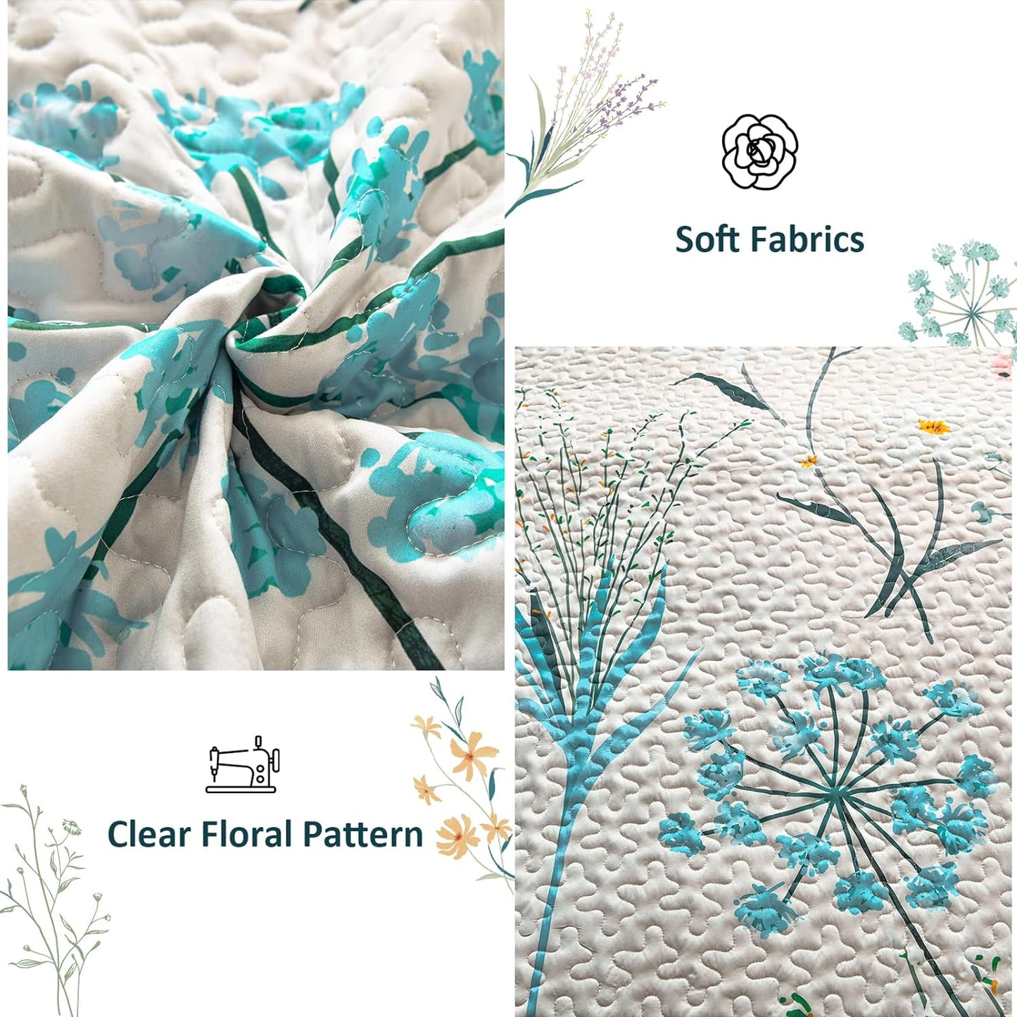 Ensemble de courtepointe réversible 3 pièces country rustique bleu et rose floral