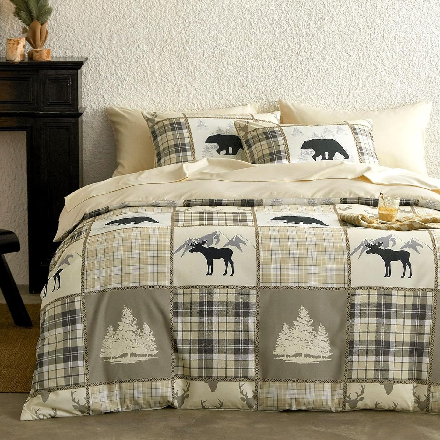 Beige Lodge Patchwork Plaid 3 Piece Comforter Set