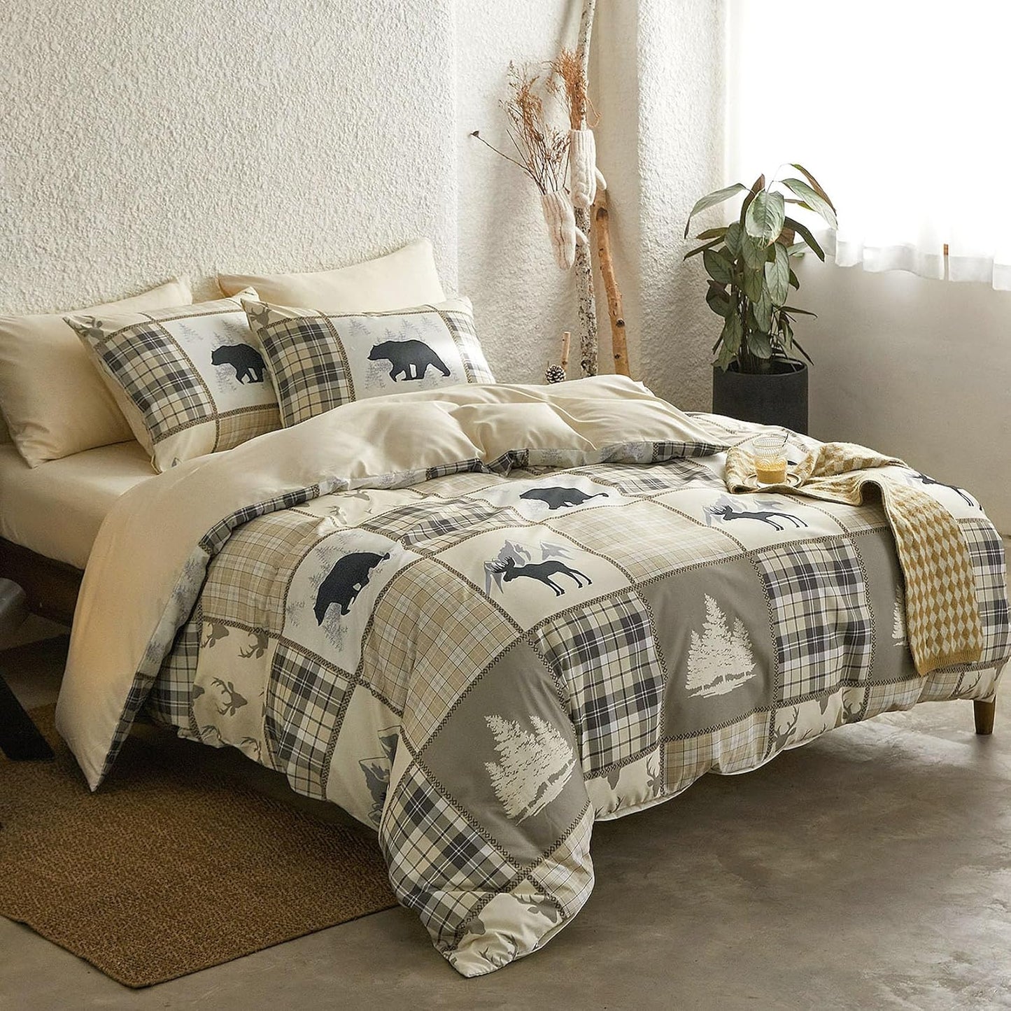 Beige Lodge Patchwork Plaid 3 Piece Comforter Set