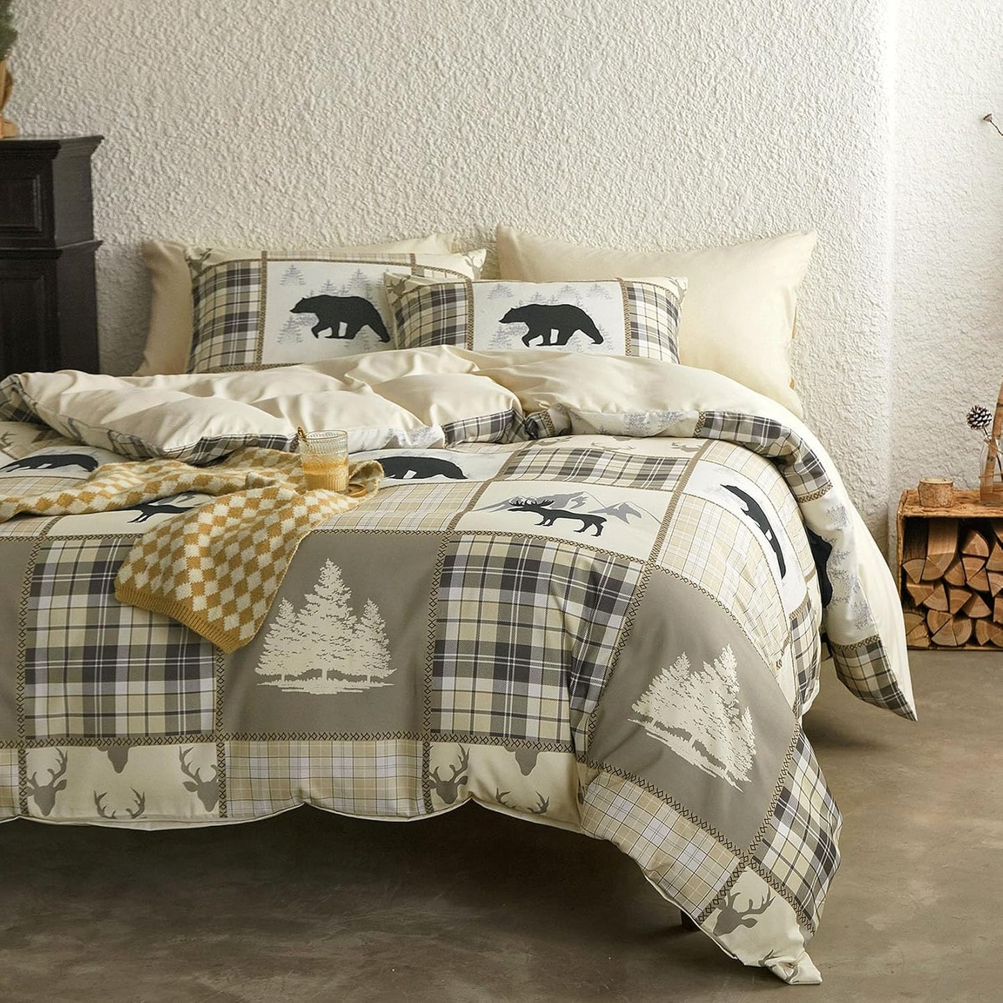 Beige Lodge Patchwork Plaid 3 Piece Comforter Set