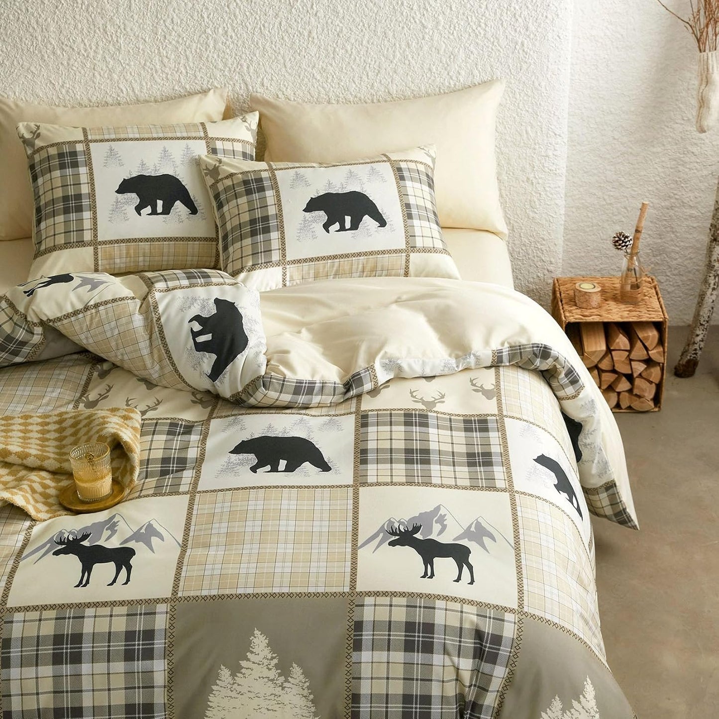 Beige Lodge Patchwork Plaid 3 Piece Comforter Set