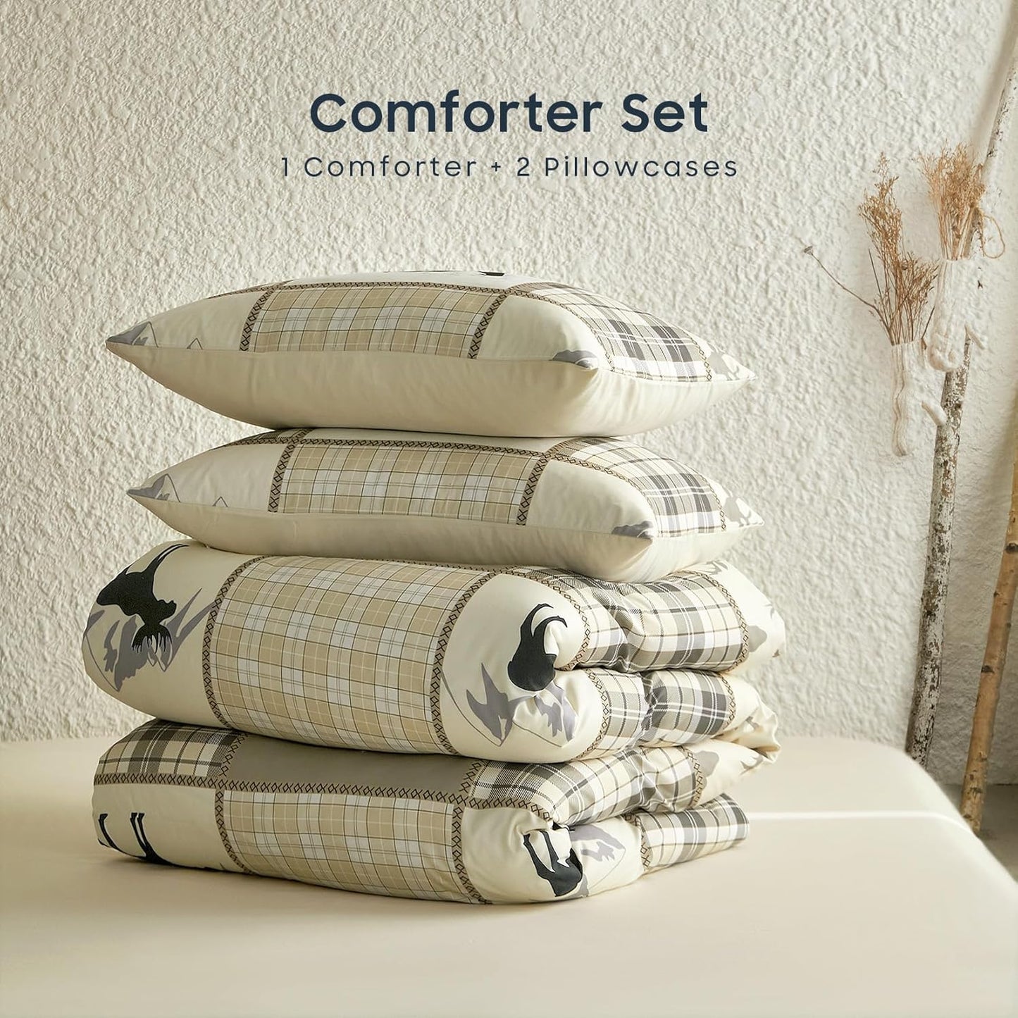 Beige Lodge Patchwork Plaid 3 Piece Comforter Set