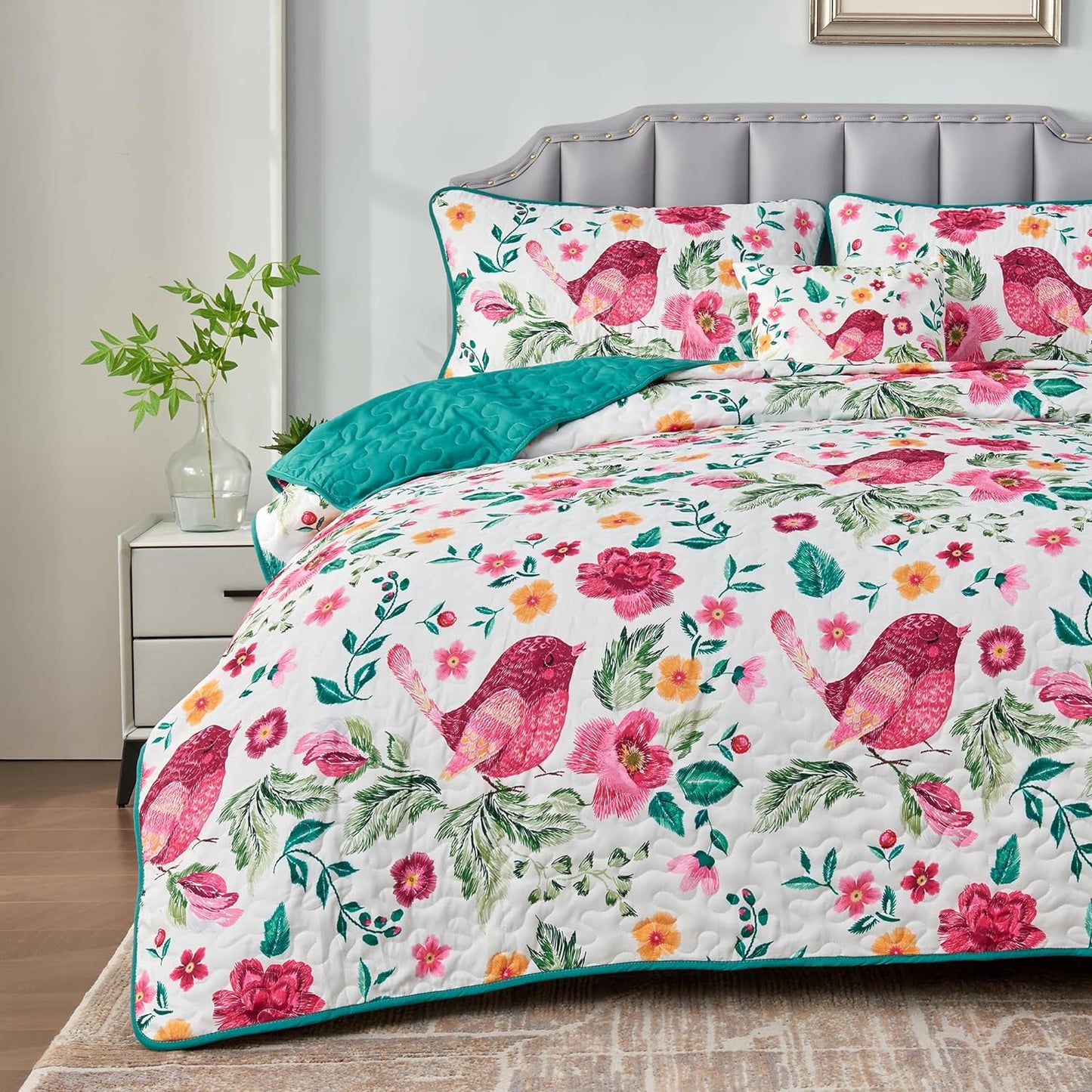 Floral Bird 4 Piece Reversible Quilt Set