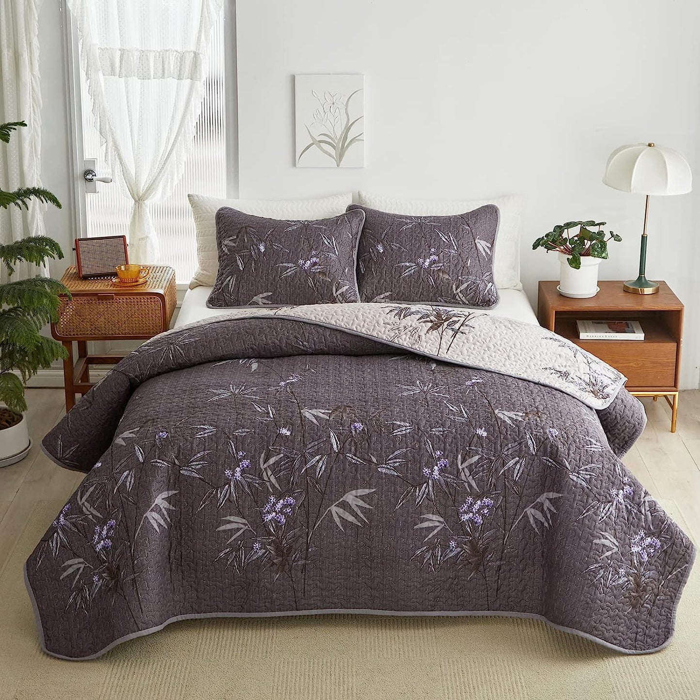 Botanical Black Leaves Reversible 3 Piece Bedding Quilt Set
