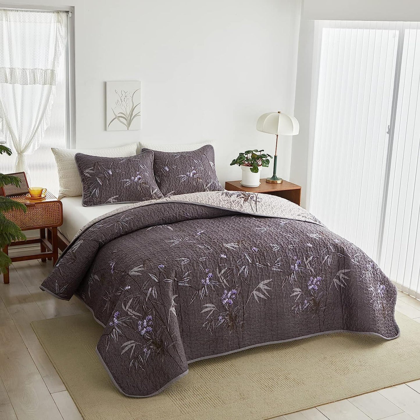 Botanical Black Leaves Reversible 3 Piece Bedding Quilt Set