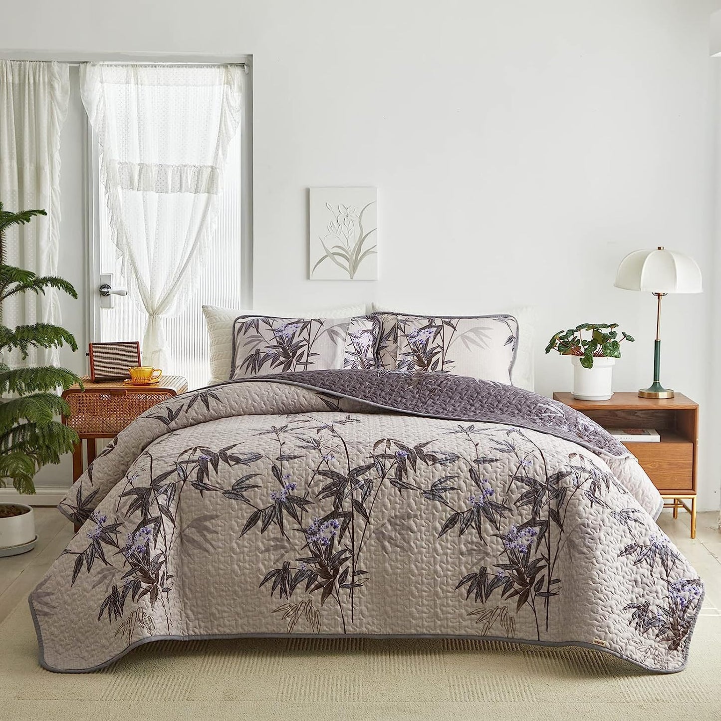 Botanical Black Leaves Reversible 3 Piece Bedding Quilt Set