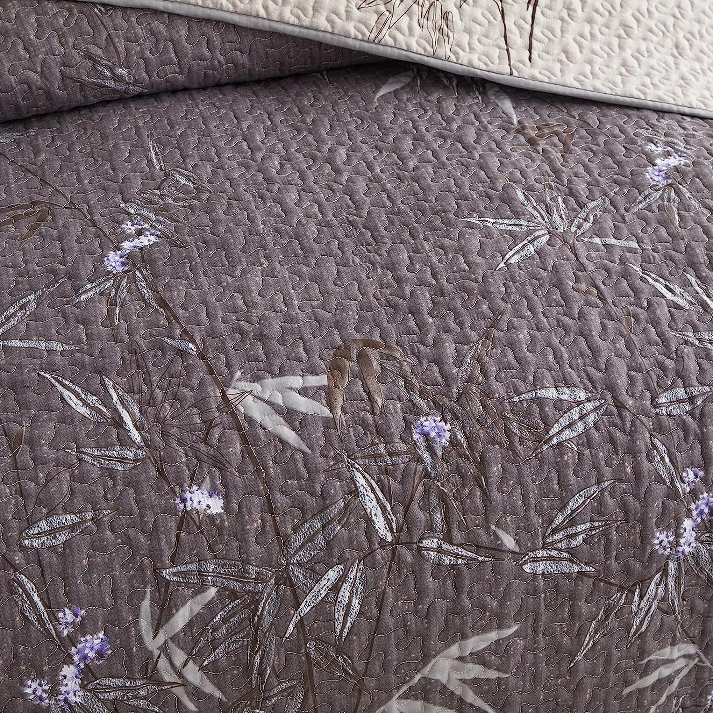 Botanical Black Leaves Reversible 3 Piece Bedding Quilt Set
