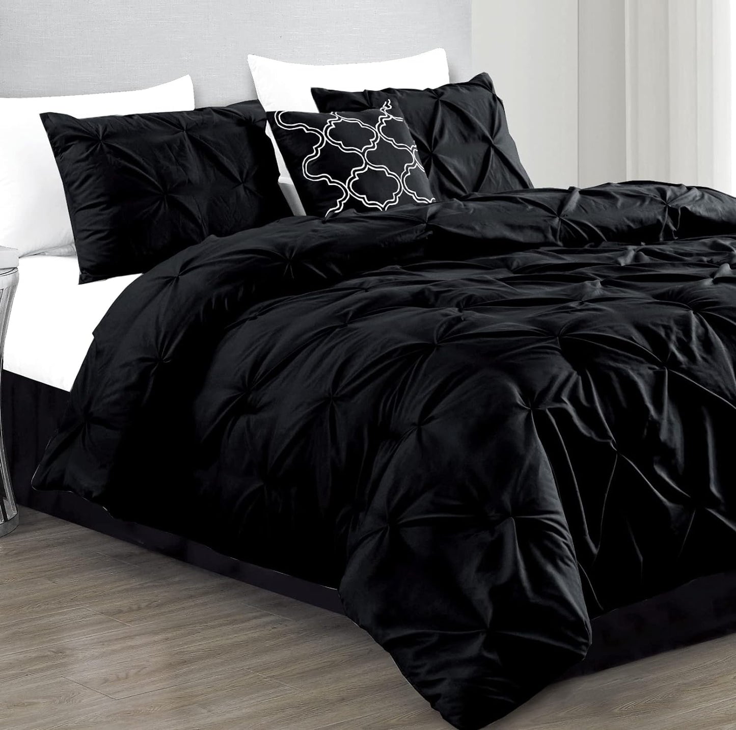 Black Pinch Pleated 4 Piece Bedding Comforter Set