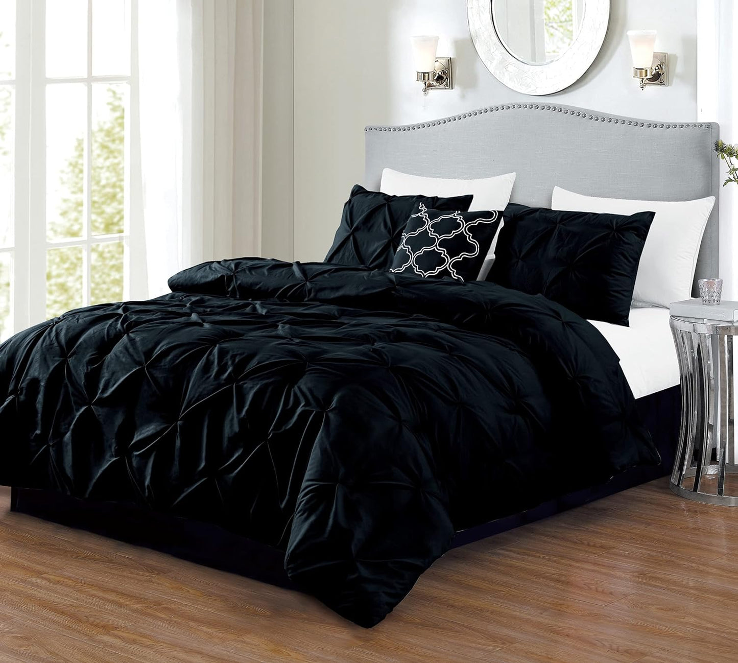 Black Pinch Pleated 4 Piece Bedding Comforter Set