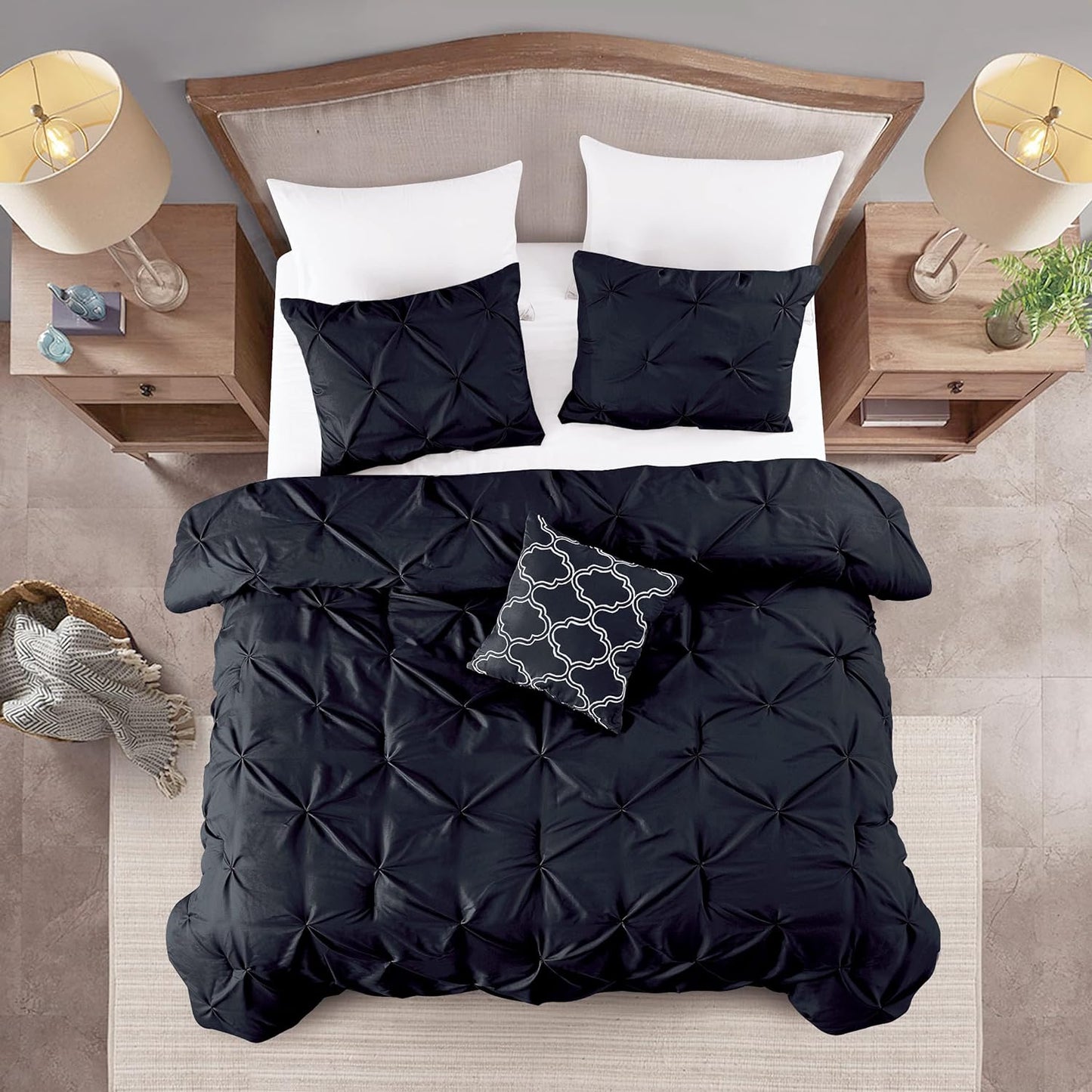 Black Pinch Pleated 4 Piece Bedding Comforter Set