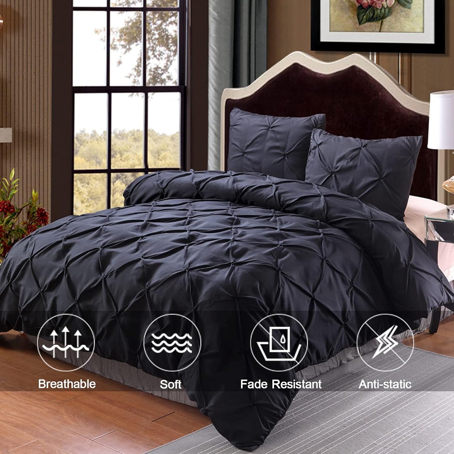 Black Pinch Pleated 3 Piece Duvet Cover Set