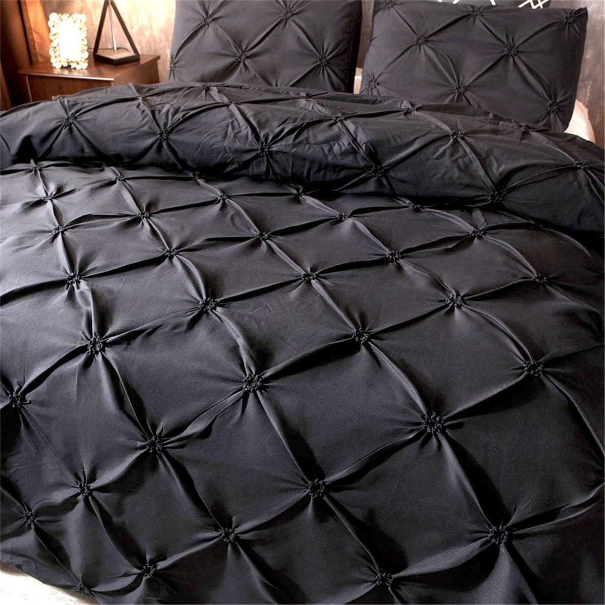 Black Pinch Pleated 3 Piece Duvet Cover Set