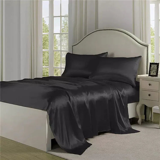 Solid Black Satin 4 Piece Sheet Set