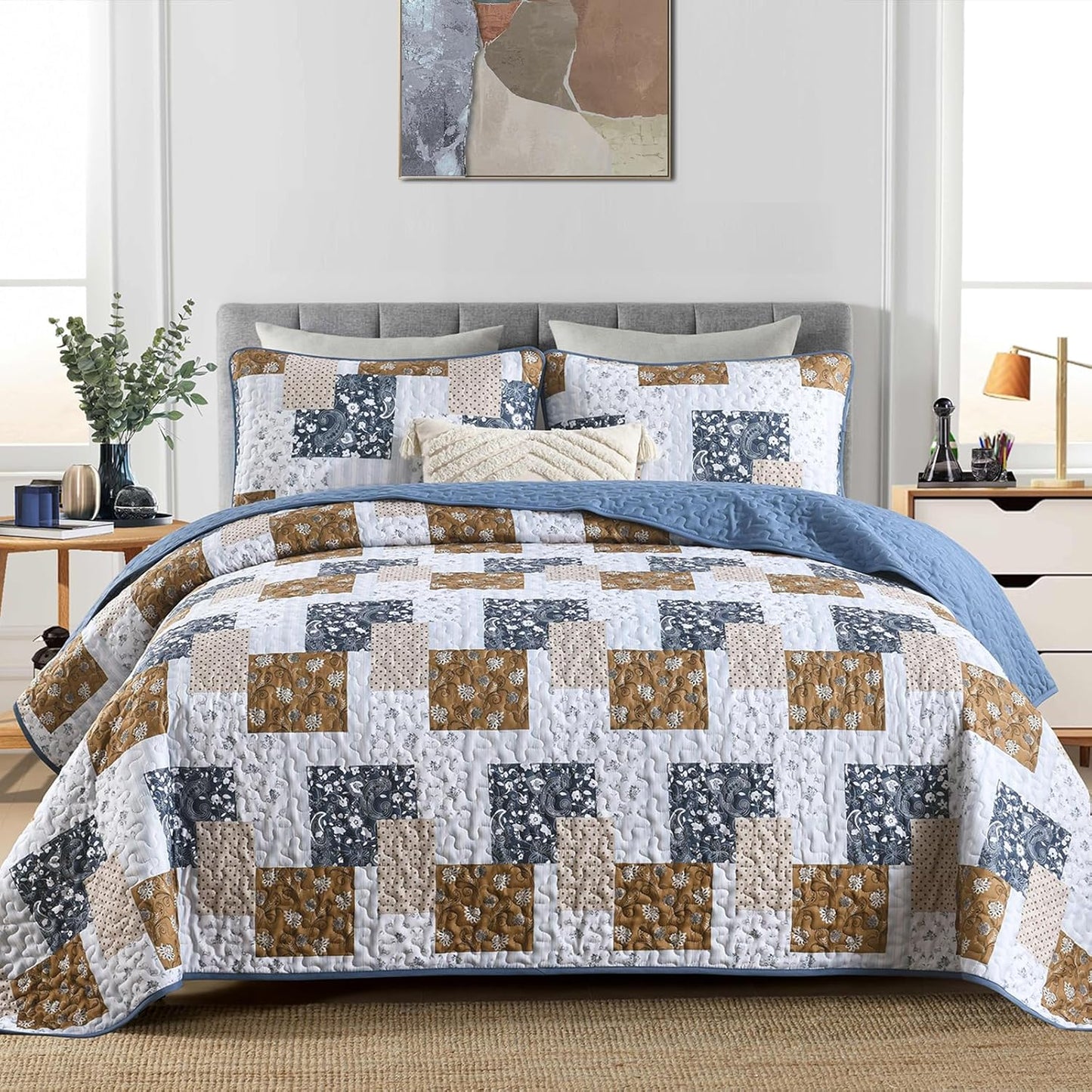 Blue & Brown Floral Paisley Patchwork 3 Piece Bedding Quilt Set
