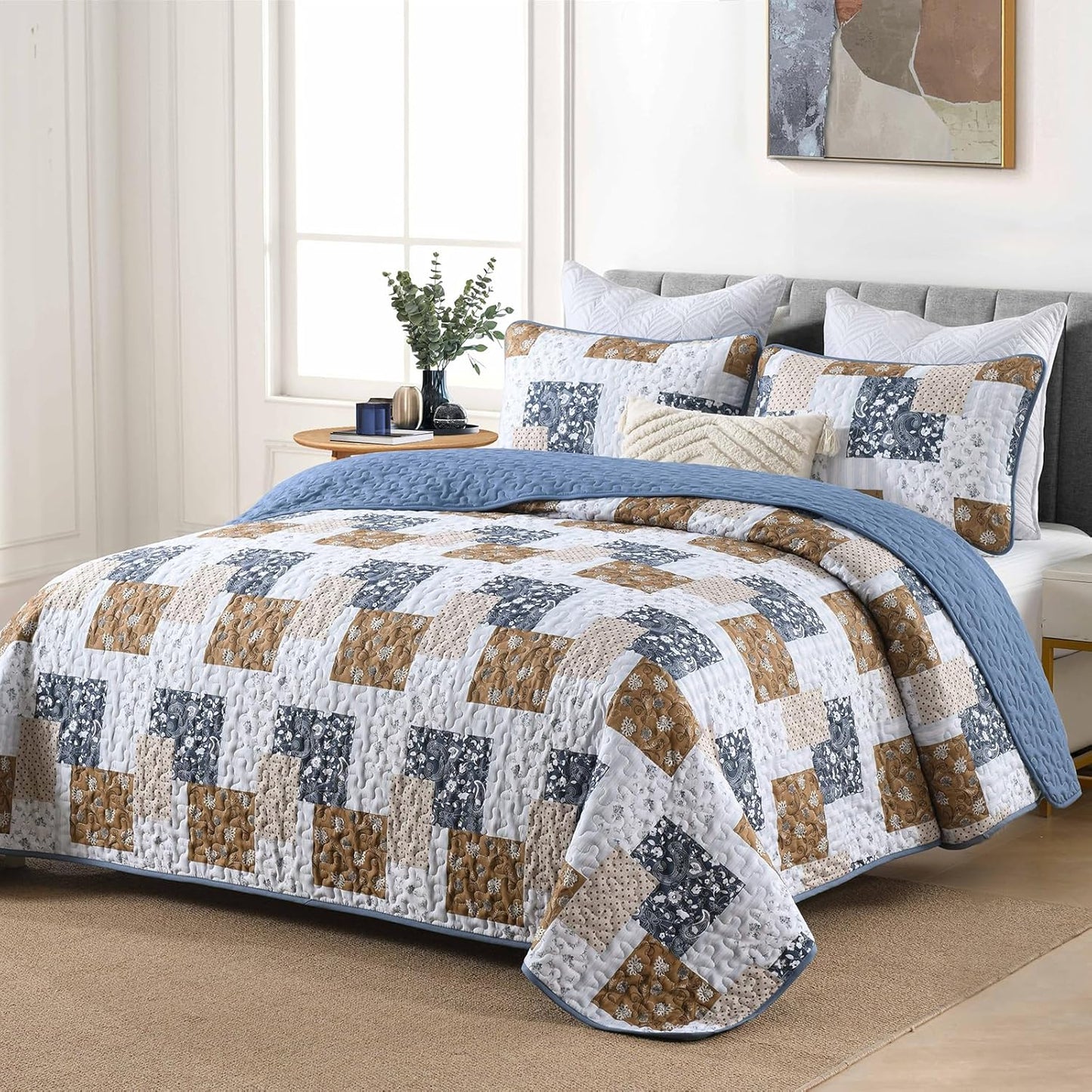 Blue & Brown Floral Paisley Patchwork 3 Piece Bedding Quilt Set