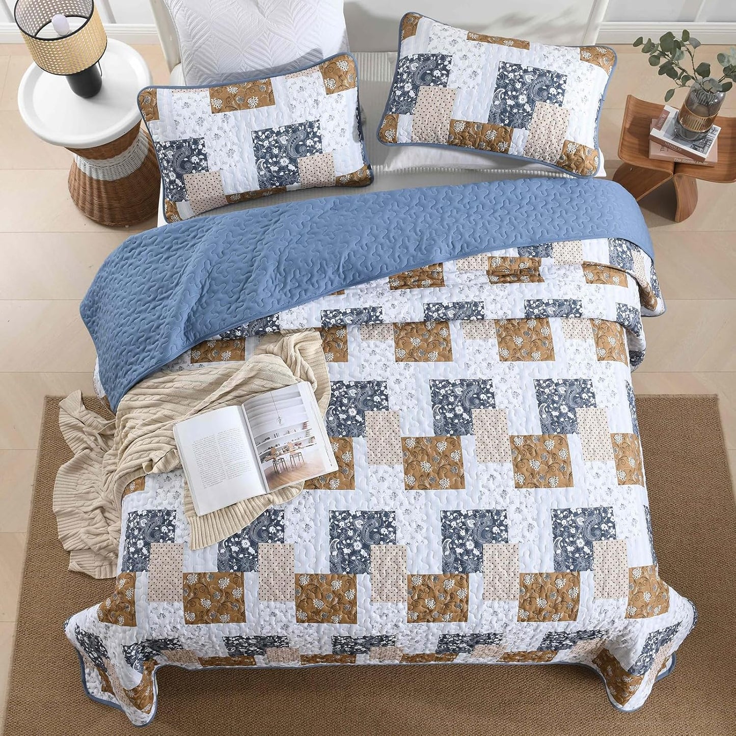 Blue & Brown Floral Paisley Patchwork 3 Piece Bedding Quilt Set