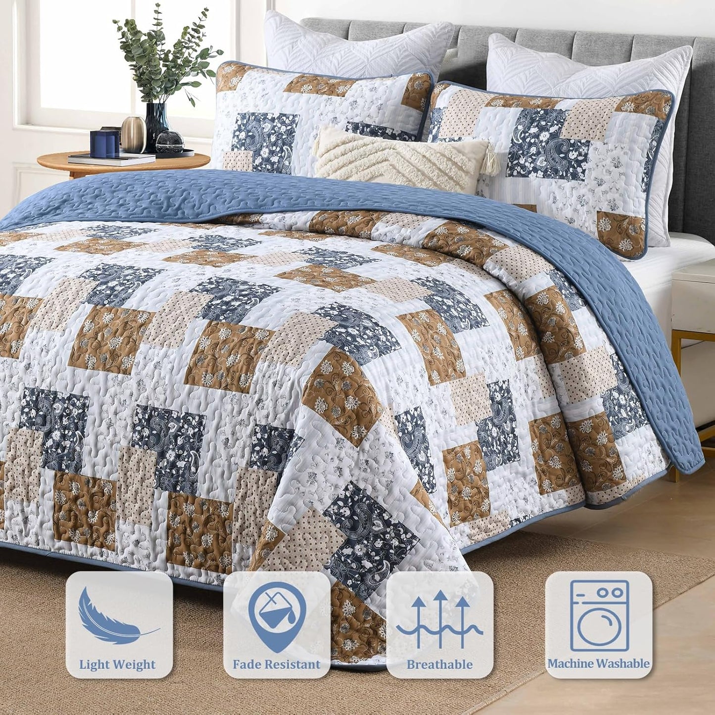 Blue & Brown Floral Paisley Patchwork 3 Piece Bedding Quilt Set