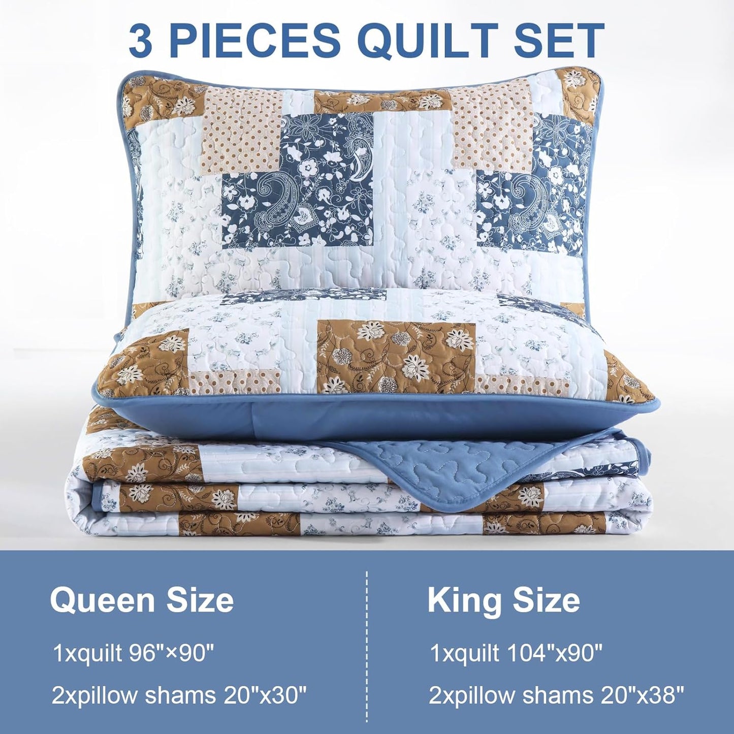 Blue & Brown Floral Paisley Patchwork 3 Piece Bedding Quilt Set