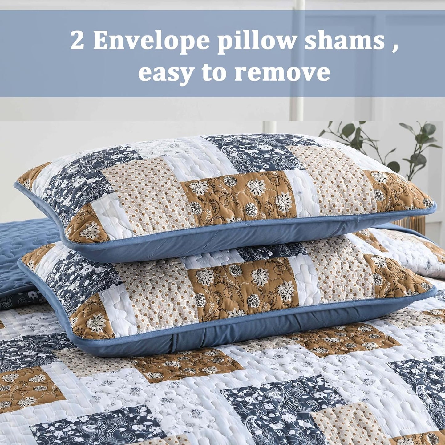 Blue & Brown Floral Paisley Patchwork 3 Piece Bedding Quilt Set