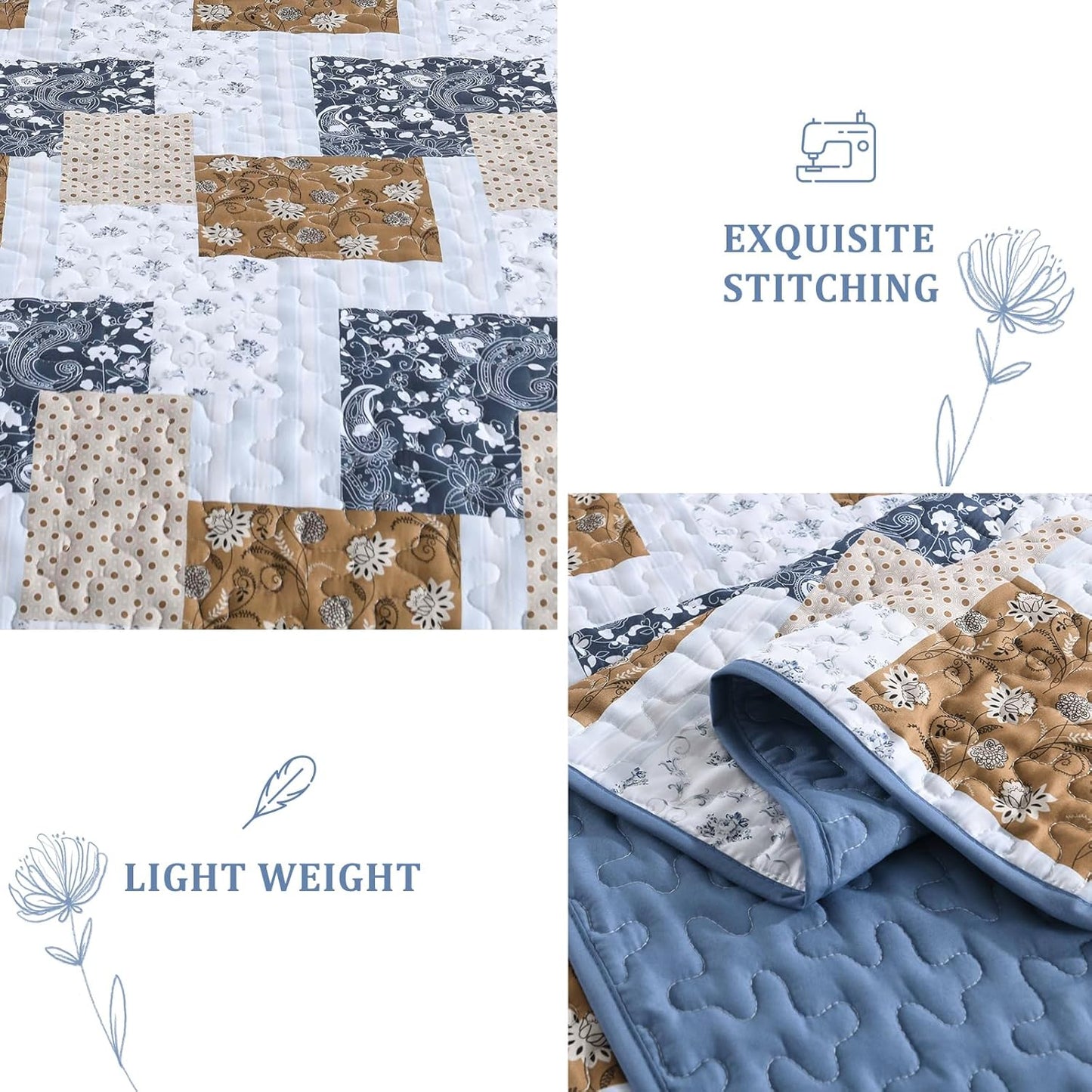 Blue & Brown Floral Paisley Patchwork 3 Piece Bedding Quilt Set