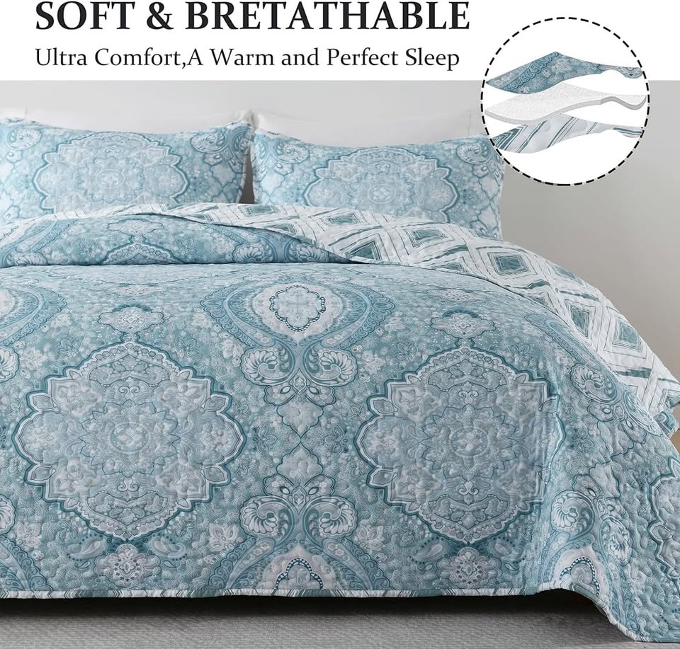 Blue Paisley Reversible 3 Piece Bedding Quilt Set
