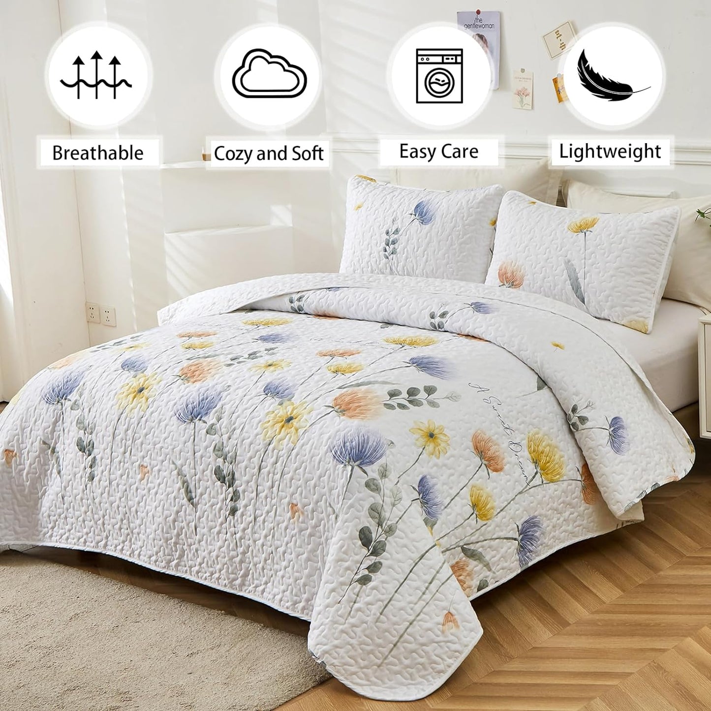 Blue & Yellow Floral 3 Piece Bedding Quilt Set