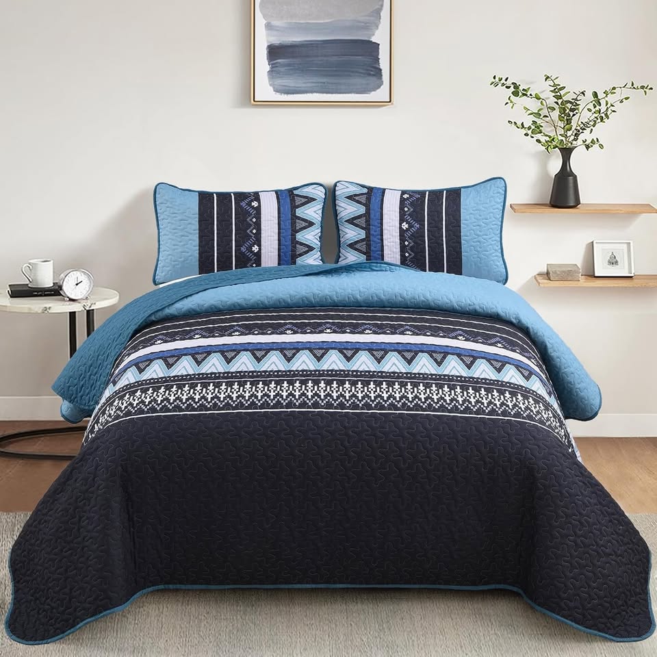 Boho Chevron Blue & Black Reversible 3 Piece Quilt Set