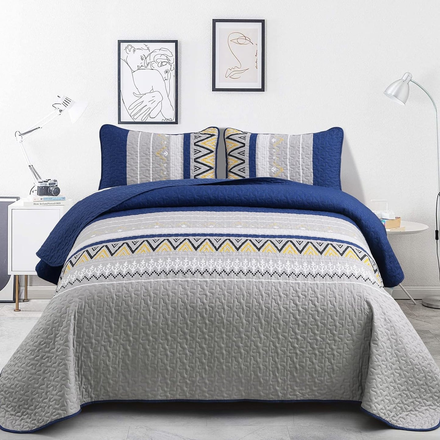 Ensemble de courtepointe réversible 3 pièces Boho gris et bleu marine