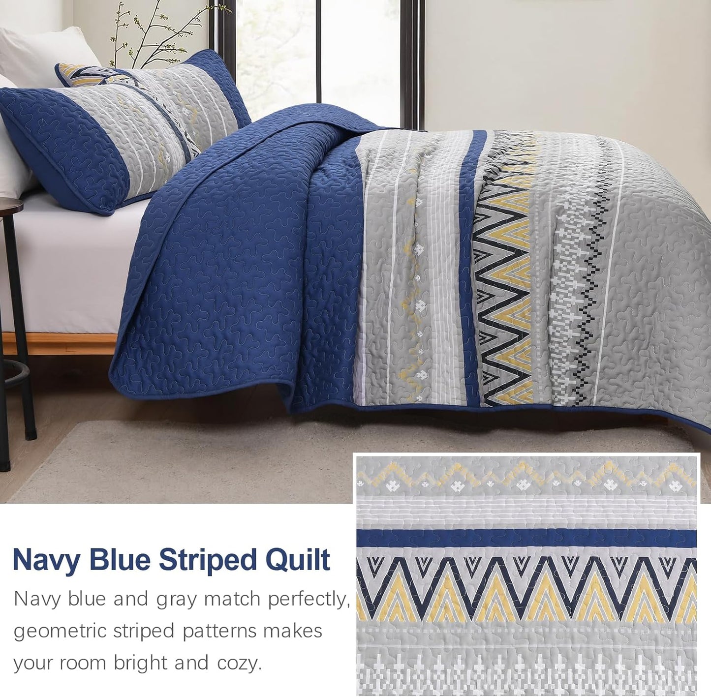 Boho Grey & Navy Blue Reversible 3 Piece Quilt Set