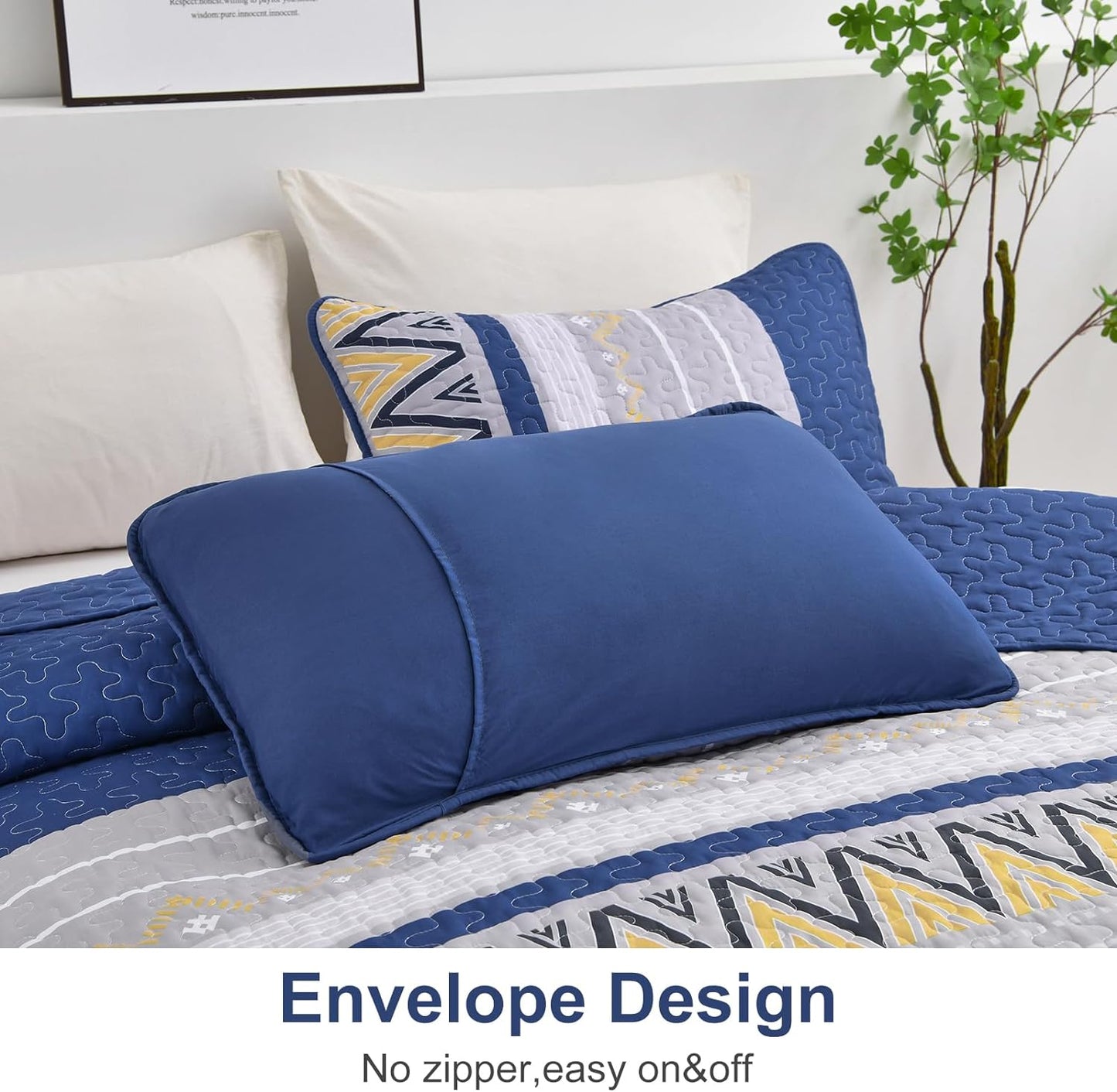 Ensemble de courtepointe réversible 3 pièces Boho gris et bleu marine