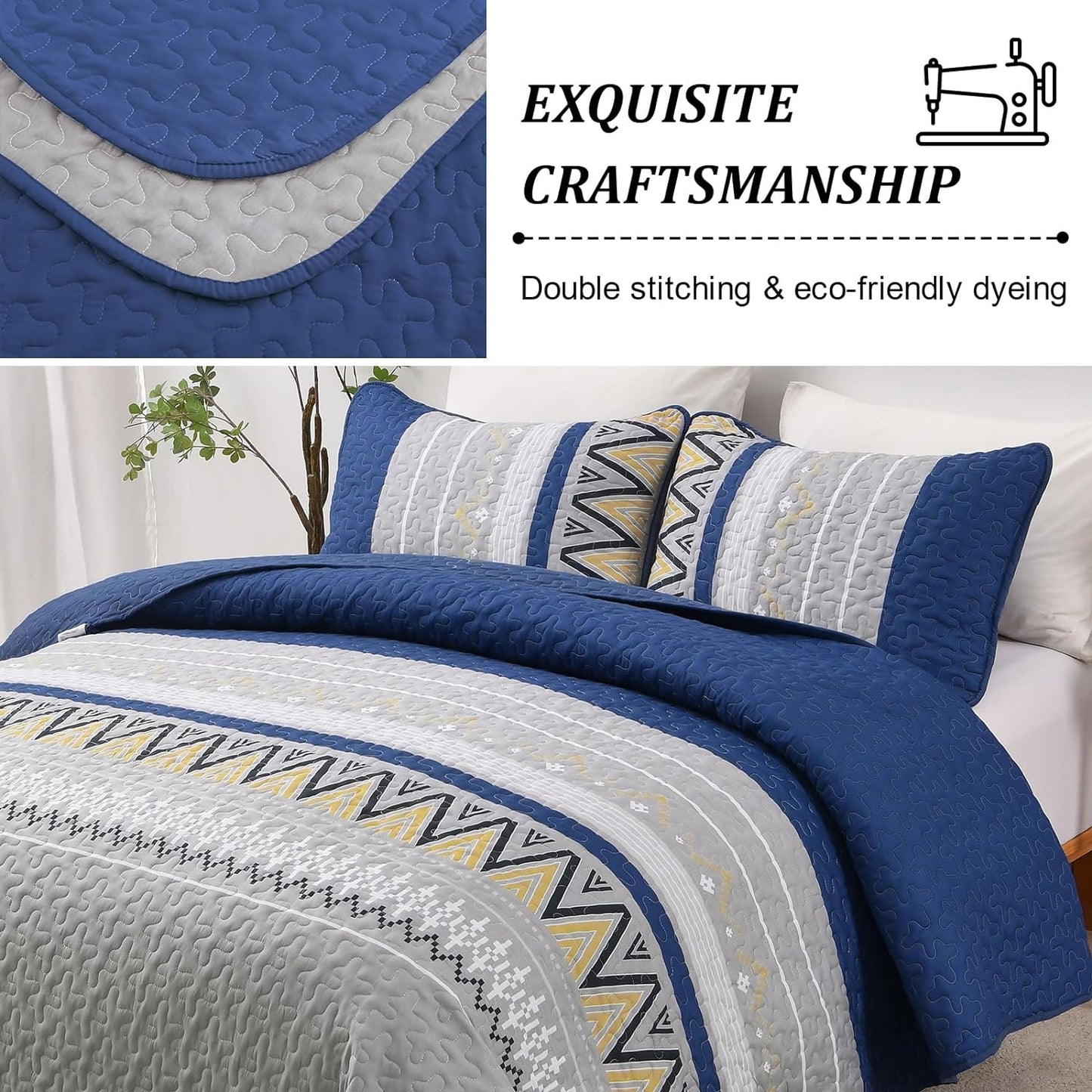 Ensemble de courtepointe réversible 3 pièces Boho gris et bleu marine