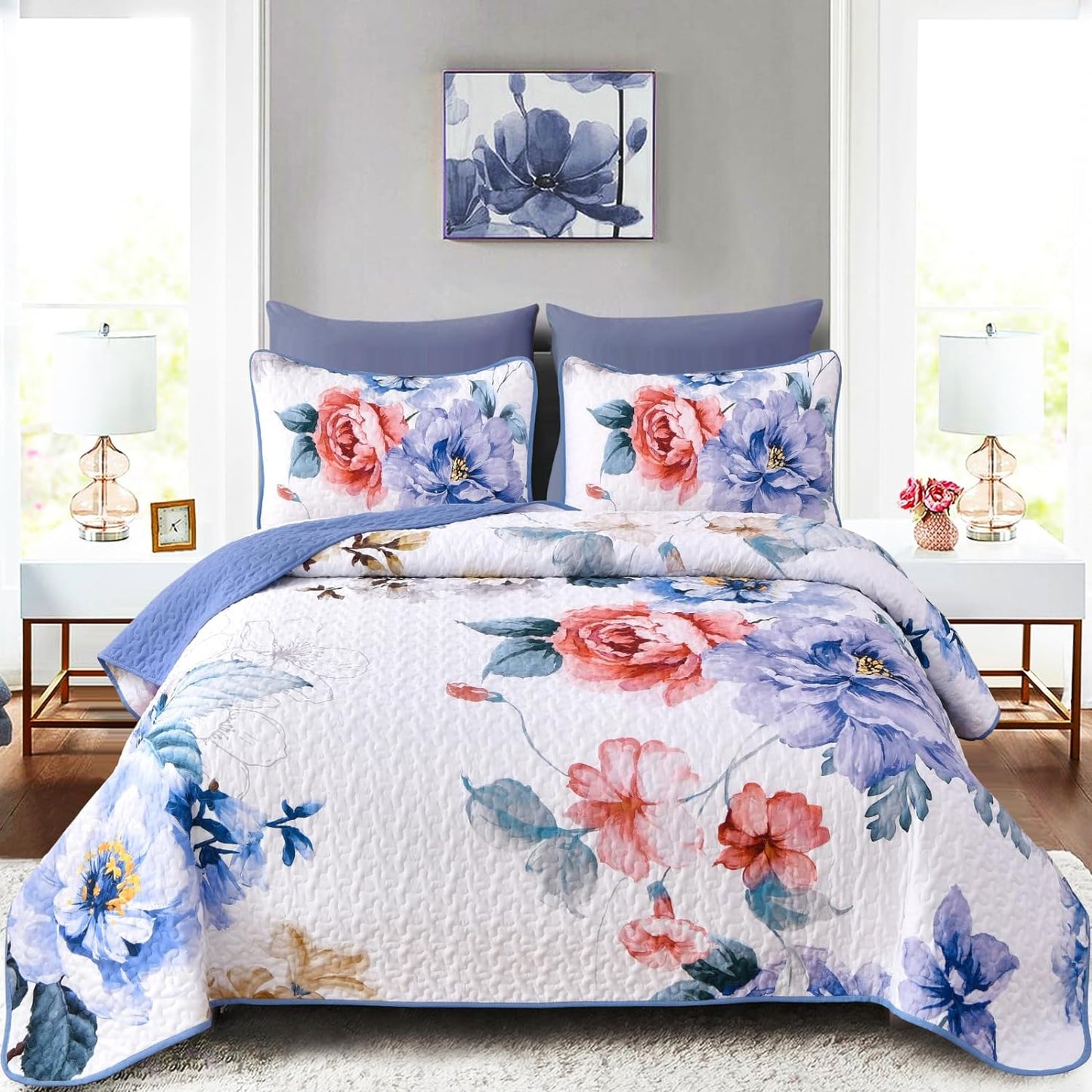 Botanical Blue Floral Reversible 3 Piece Quilt Set