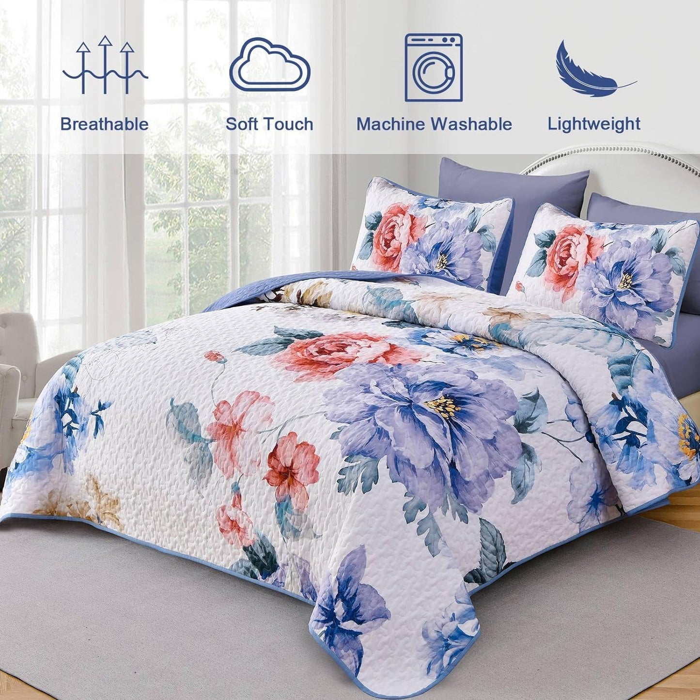 Botanical Blue Floral Reversible 3 Piece Quilt Set