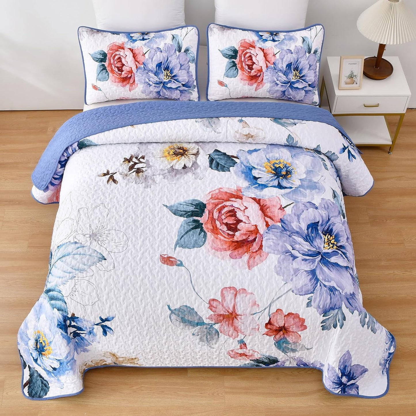 Botanical Blue Floral Reversible 3 Piece Quilt Set